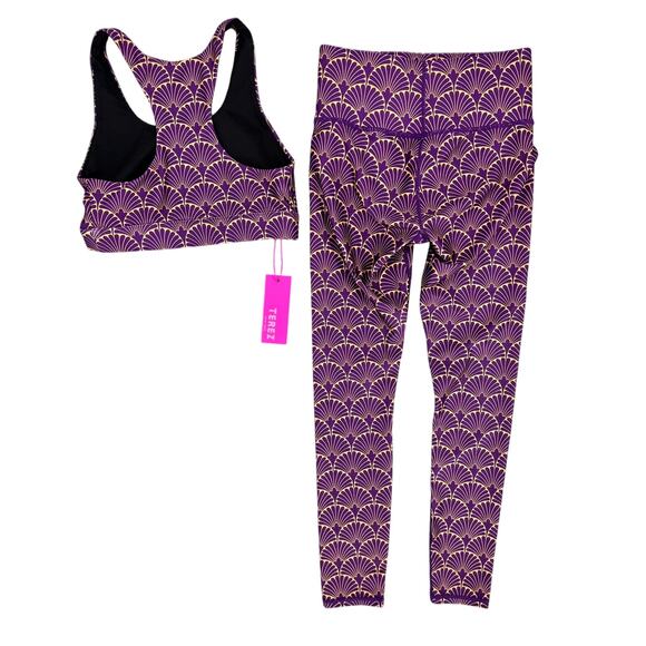 Terez Set Gold Leaf Metallic Purple Leggings Sports Bra Size Small New - Picture 2 of 8
